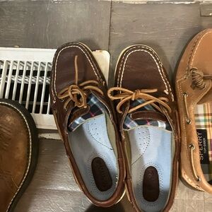 Sperry Dark Brown Boat Shoes with Plaid Accent